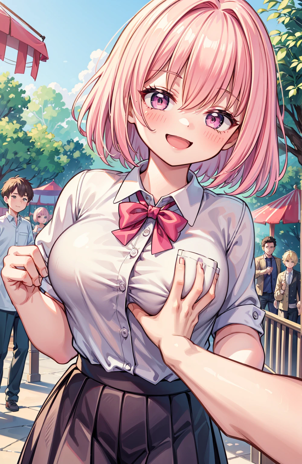 masterpiece, Highest quality, High resolution,(throw_hand grabbing chest),,One girl, One boy,Age difference,bow tie,Blonde,chest,Long Hair,Pink Hair,pleated skirt,Tucked in shirt,short hair,skirt,smile,Tent shirt,amusement_garden,breasts grab