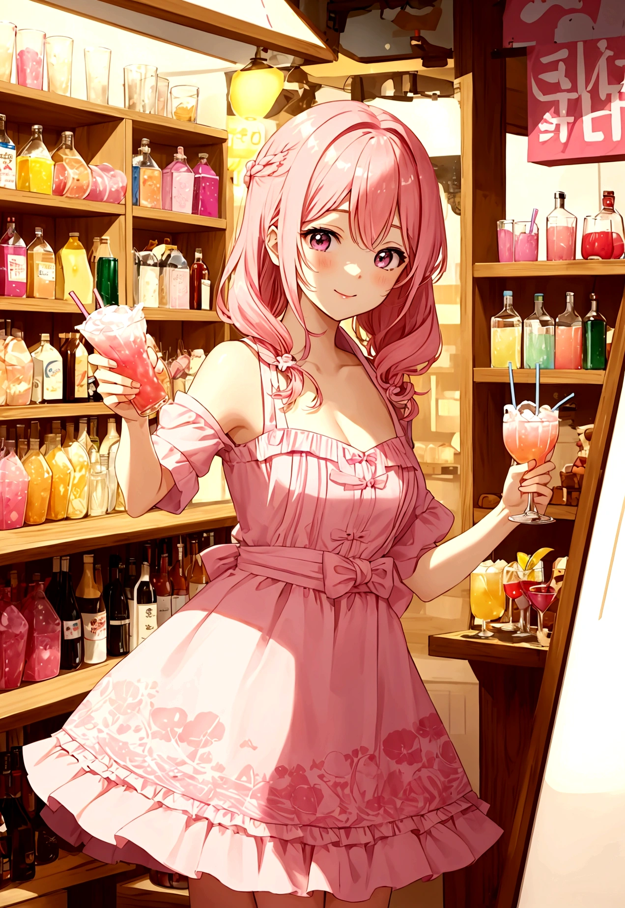 In the beverage shop,Pink Hair Girl,Drinking summer drinks