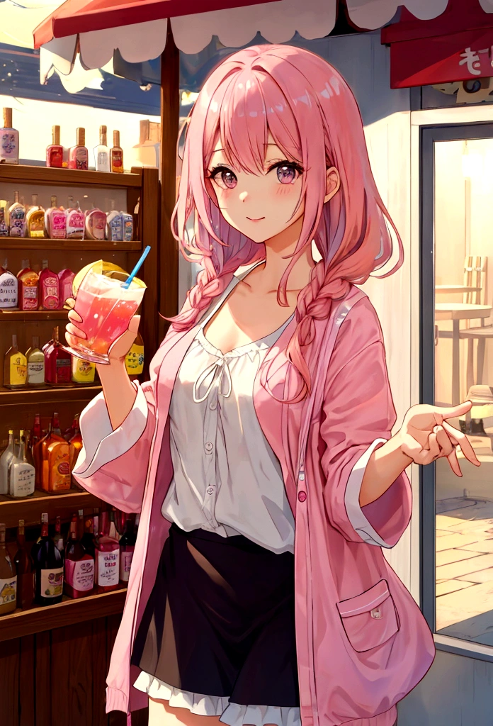 In the beverage shop,Pink Hair Girl,Drinking summer drinks