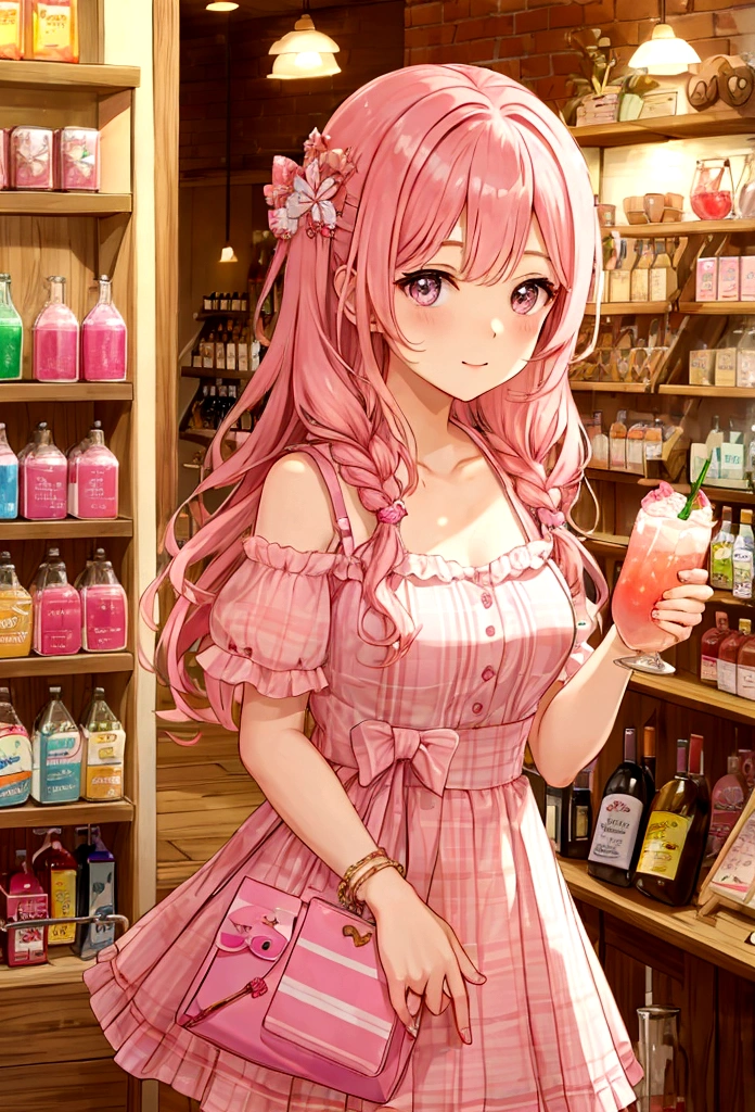 In the beverage shop,Pink Hair Girl,Drinking summer drinks