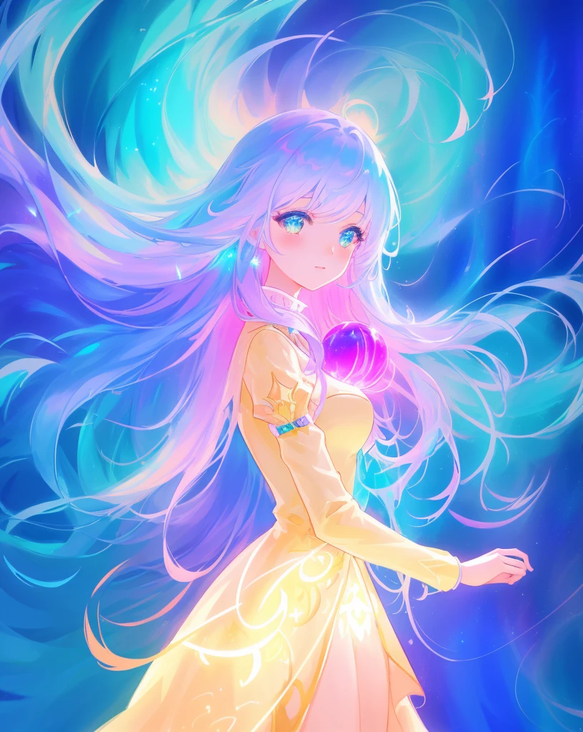 beautiful anime girl in multi-layered ballgown with puffy long sleeves, vibrant pastel colors, (colorful), magical lights, colorful long hair made of liquid light, sparkling lines of light, inspired by Glen Keane, inspired by Lois van Baarle, disney art style, by Lois van Baarle, glowing aura around her, by Glen Keane, jen bartel, glowing lights! digital painting, flowing glowing hair, glowing flowing hair, beautiful digital illustration, fantasia background, whimsical, magical, fantasy, beautiful face, ((masterpiece, best quality)), intricate details, highly detailed, sharp focus, 8k resolution, sparkling detailed eyes, liquid watercolor