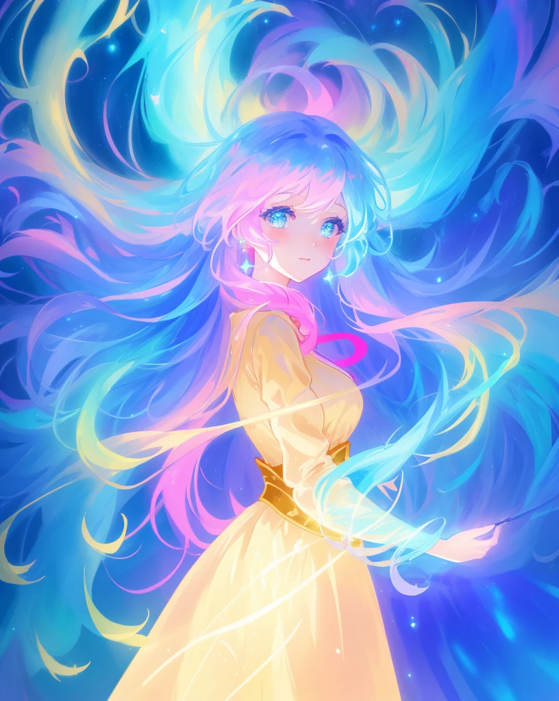 beautiful anime girl in multi-layered ballgown with puffy long sleeves, vibrant pastel colors, (colorful), magical lights, colorful long hair made of liquid light, sparkling lines of light, inspired by Glen Keane, inspired by Lois van Baarle, disney art style, by Lois van Baarle, glowing aura around her, by Glen Keane, jen bartel, glowing lights! digital painting, flowing glowing hair, glowing flowing hair, beautiful digital illustration, fantasia background, whimsical, magical, fantasy, beautiful face, ((masterpiece, best quality)), intricate details, highly detailed, sharp focus, 8k resolution, sparkling detailed eyes, liquid watercolor