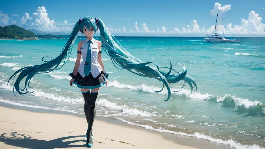 Hatsune Miku standing on a Caribbean beach、An illustration of a person looking into the distance and shedding tears。