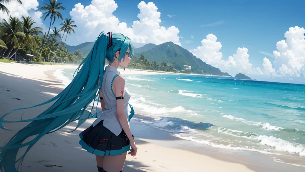 Hatsune Miku standing on a Caribbean beach、An illustration of a person looking into the distance and shedding tears。