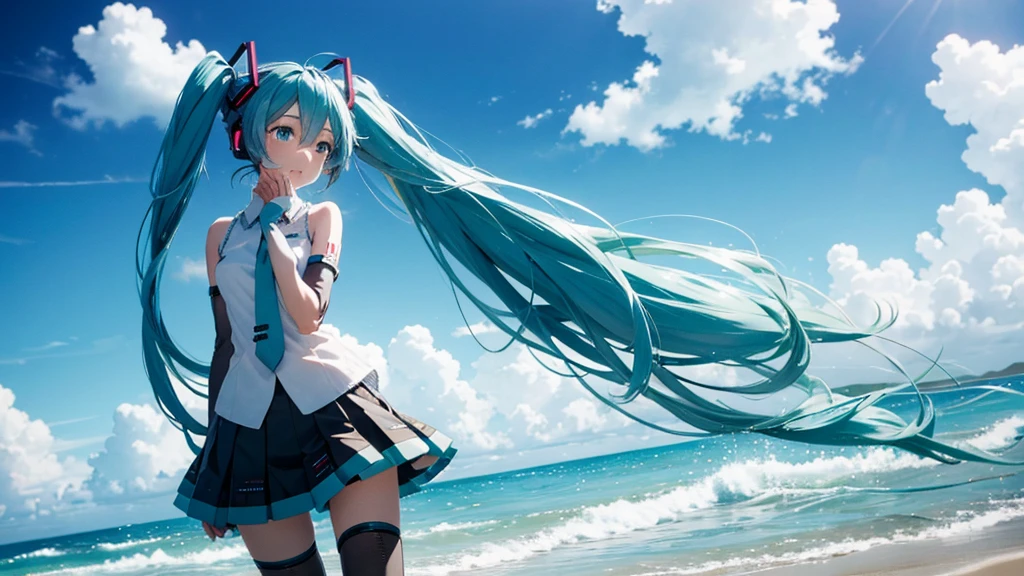 Hatsune Miku standing on a Caribbean beach、An illustration of a person looking into the distance and shedding tears。
