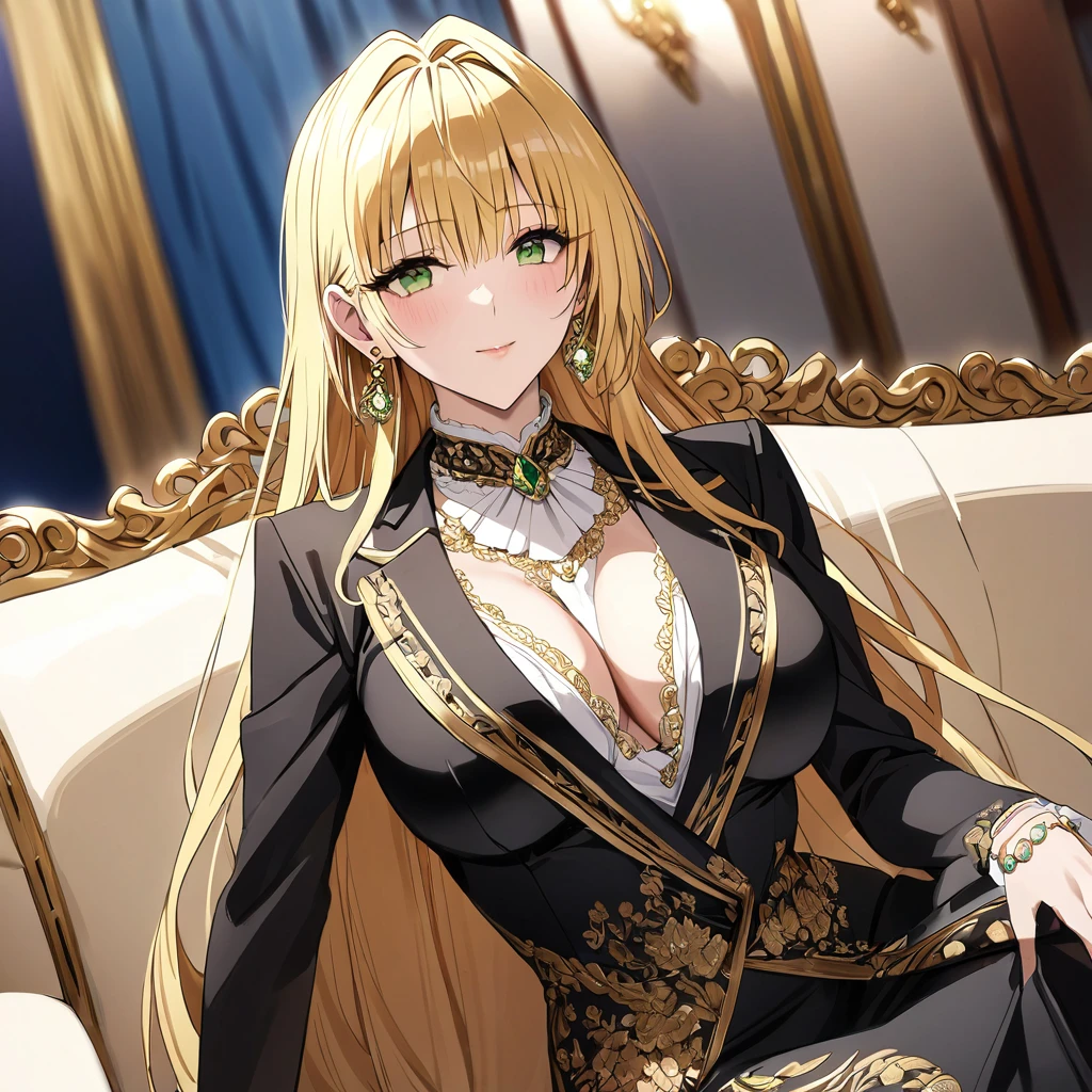 ((Highest quality)), ((masterpiece)), (detailed), (Perfect Face)、The woman is a thief with green eyes and medium-long blonde hair. She is wearing a luxurious black skirt-type suit with gold embroidery and trim, a luxurious and elegant white blouse with frills, jeweled earrings, and an engagement ring.、The woman is sitting close to the man on a luxurious sofa in a luxurious room.、The man is a dignified, bearded old man, extremely wealthy, wearing an expensive suit with lavish gold embroidery and trim, and wearing an engagement ring.