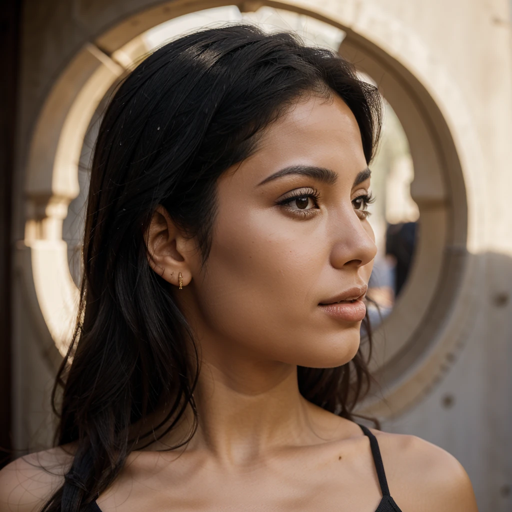 Realistic portrait of a moroccan woman with black hair, front profile full, flirty model face
