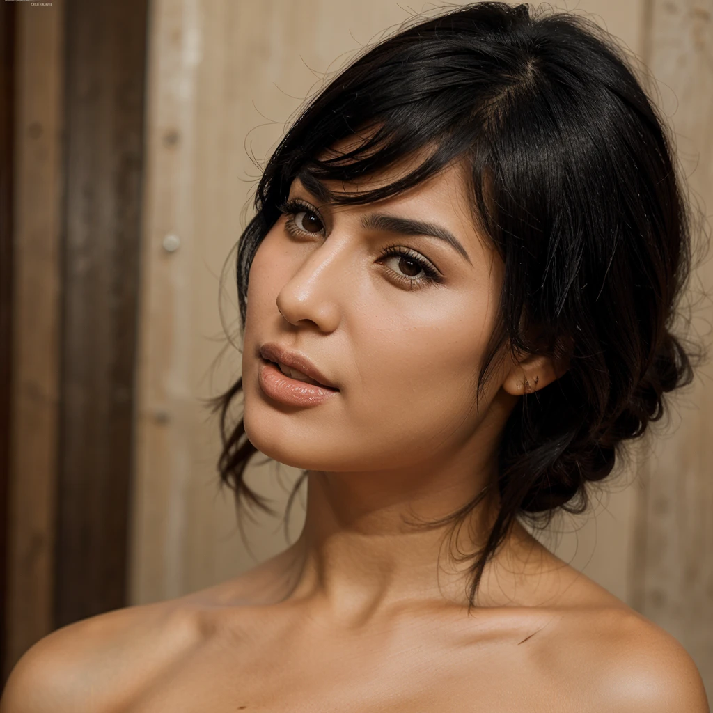 Beautiful young woman from Pakistan, looks like Natalie Portman, Nude, Topless, small perky breasts, full frontal nudity, vagina, standing in the bedroom, light brown skin, black hair, jewelry, princess