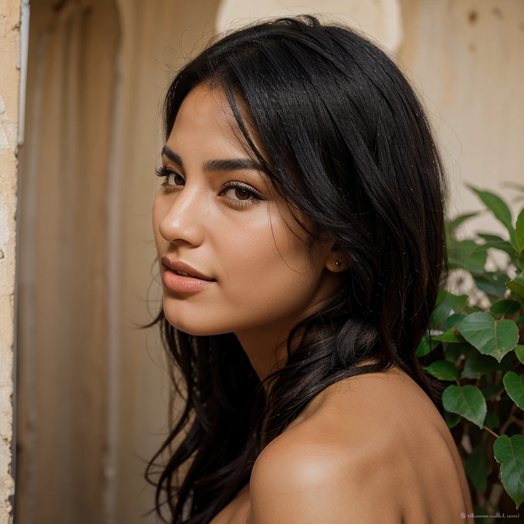 Realistic portrait of a moroccan woman with black hair, front profile full, flirty model face