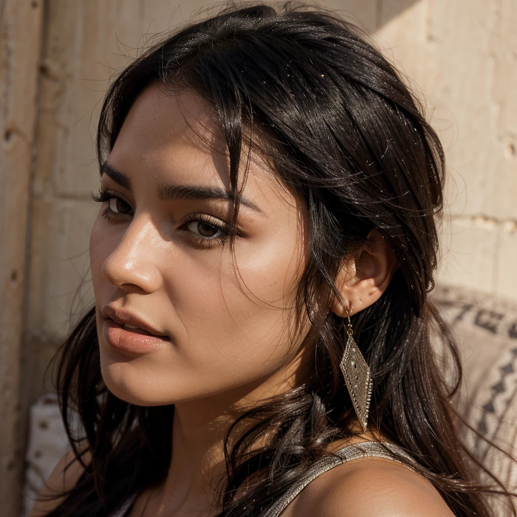 Realistic portrait of a moroccan woman with black hair, front profile full, flirty model face
