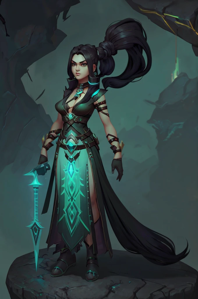 "Concept art of a female telepathic assassin named Astra. She has piercing green eyes, long dark hair tied in a ponytail, and is wearing a sleek, dark outfit with hints of green accents. She carries an intricate dagger with a gemstone hilt. The background is a shadowy urban nightscape, adding a mysterious and intense atmosphere. Astra is in a dynamic pose, using her telepathic powers, with her pendant glowing faintly. The style is highly detailed digital painting with dramatic lighting."