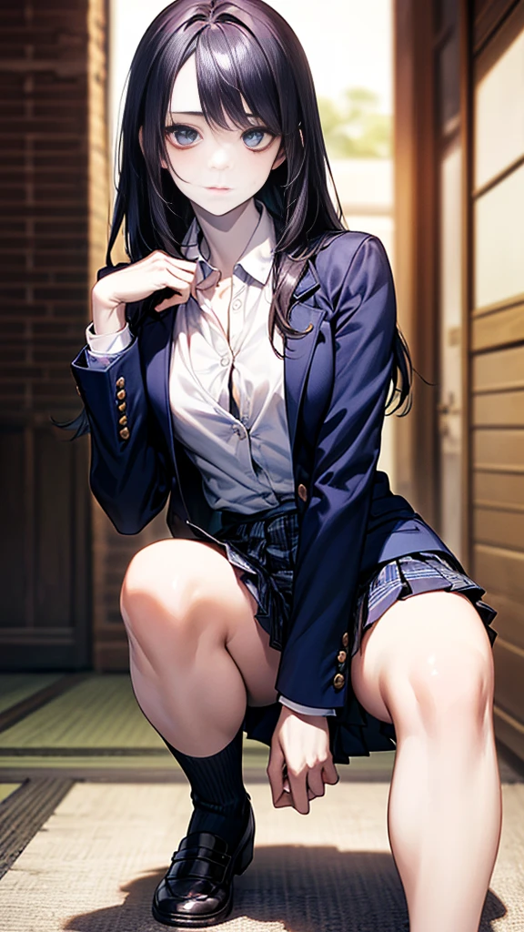 (((night,真night中))),((Dark atmosphere)),((Perfect Anatomy:1.2,Realistic:1.3,RAW Photos:1.3,masterpiece、Highest quality、Ultra - High resolution、High resolution、Highly detailed CG、8K)),((attractive way to sit)),((((Crouching pose)))),1 female,alone,18-year-old、High school girl beautiful girl,Japanese,((Beautiful and graceful face and eyes:1.2,Big beautiful eyes:1.0,)),(Brighten your eyes),((Beautiful woman))、((black)),Long Hair,(Center parted hair:1.4,amount),Medium Chest,((The body is slim)),Small Head:1.3,skinny,(White skin:1.8),(Oily skin,Glowing Skin,Shiny skin,Sweat:1.2),(((school uniform、Dark blue blazer jacket、((White shirt))、Checkered pleated mini skirt))),(prostitution),((Showing off your bra:1.2)),Dirty back alley、Tokyo、((Turn your body forward)),(Lonely),((Feeling depressed))、Stick out your crotch、(Indifference),(lucky)、((Expressionless))、(Feel the shadows)、Iは平静を装う, but、I'Iは本当に不安です、(((Wearing dark underwear:1.6)))、Exposing cleavage