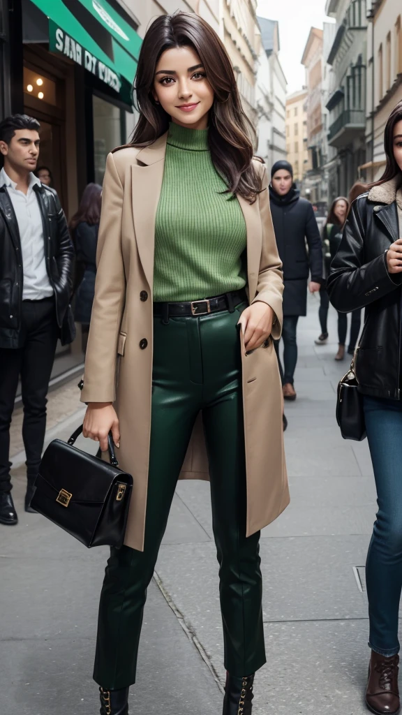 female character inspired by Dilara Özcan (D1lara). characteristics: dark brown hair with green highlights, green stripe, black eyes, skin fair, average height (approximately 1,68 m). Fashion Style: Modern and stylish, combining elegant clothes with trendy accessories. Pose: a confident and friendly pose, Smiling for the camera.