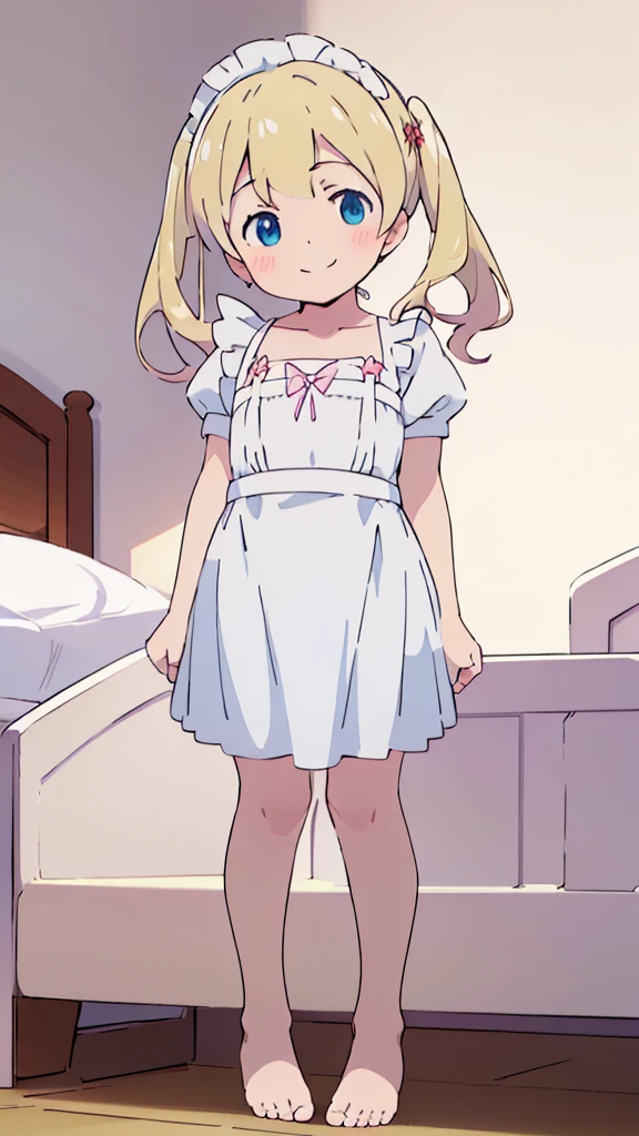 ((masterpiece))((Highest quality))girl、smile、blush、Flat Chest、Are thin、、low length、Blonde、Long twin tails、Embarrassed、Are standing、Maid clothes、Whole body image、Even your toes are visible、Eye level on face、front、No background、mayonnaise、真frontのアングル