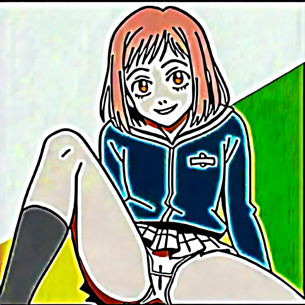 FZKZ, anime screencap, anime coloring, score_8_up, score_7_up, source_anime,rating_explicit,MS, 1girl, solo, retro artstyle, short hair, pink hair, brown eyes, sailor collar, blue long sleeve school shirt, grey plaid skirt, smile, looking at viewer, sitting on grass, spread legs, white panties, cameltoe, >:3,