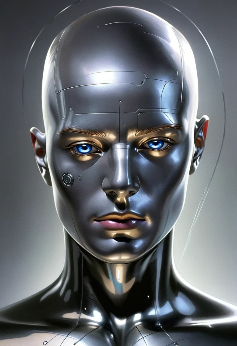 1 futuristic bald man, plano americano , without any facial features, It seems that his face is lined with some type of texture, (ntf image), digital human