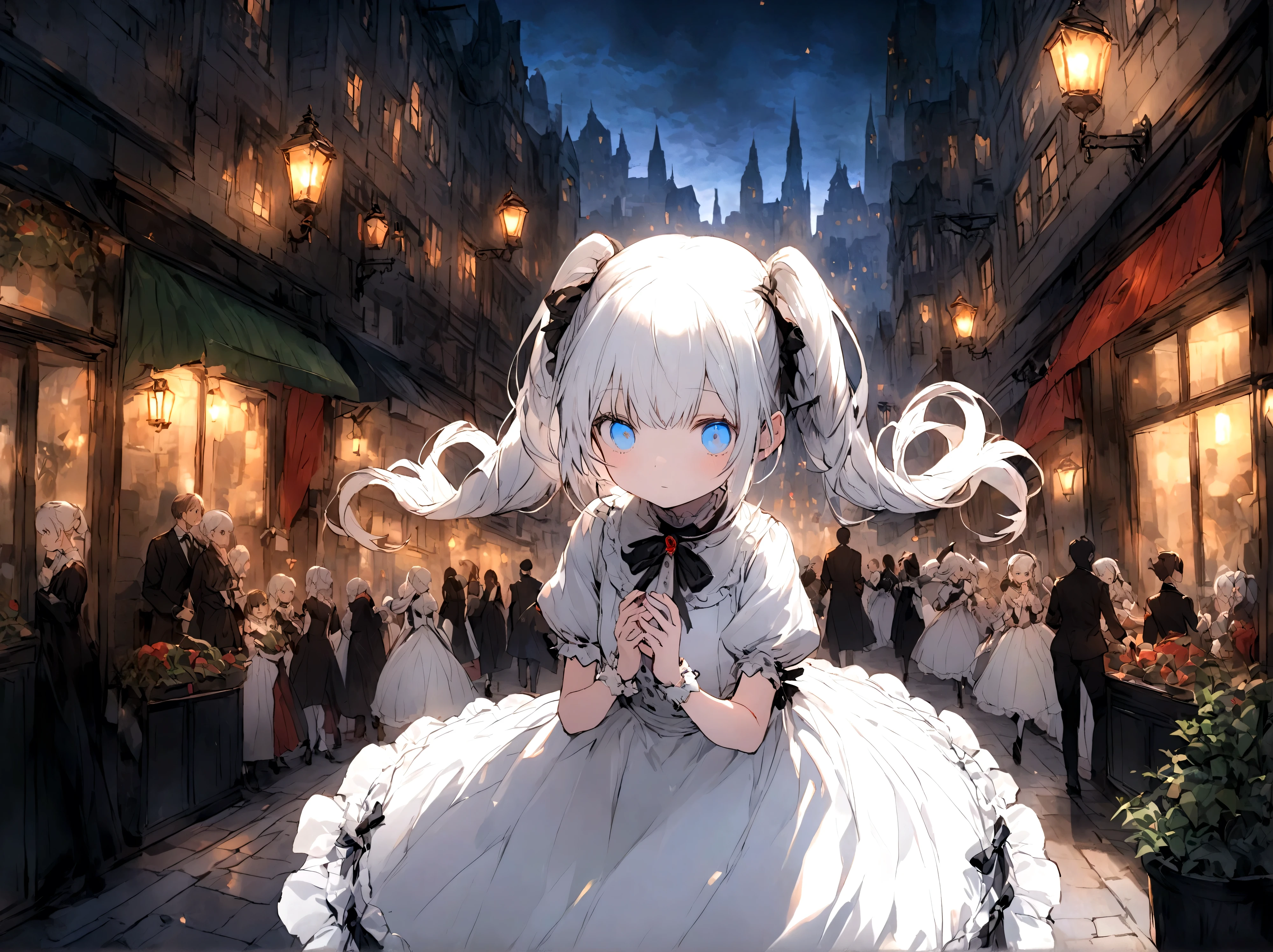 White Hair,Double ponytail curl,Blue Eye Color,White ta,Beth,Bustling city streets,Private Server,depth,Innocence