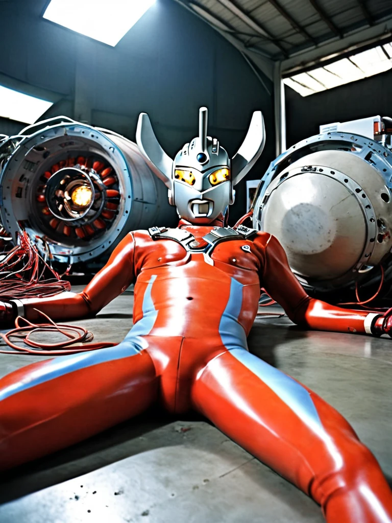 Aerial view, Ultraman Taro lying dead on his back , photo realistic, 35mm films, ultras, 4k, gay, bara, NSFW, Ultraman Taro, Aerial view, A huge metal platform in a huge hangar, A huge Ultraman Taro lying there in cardiac arrest, Tiny human scientists have cut off his red rubber costume, leaving only his lower body naked, Tall and thin, with a long and thin neck and limbs, Pale skin, Hairy, Small penis, Tubes attached to his penis, Tubes stuck in a cracked Color Timer, Dull grey eyes, The beam lamp on his forehead is also grey, His helmet is full of cracks, Blood is flowing from his open mouth, His head is tilted helplessly, His arms and legs are broken, Many tiny scientists are sticking many cables into him and connecting him to machines,