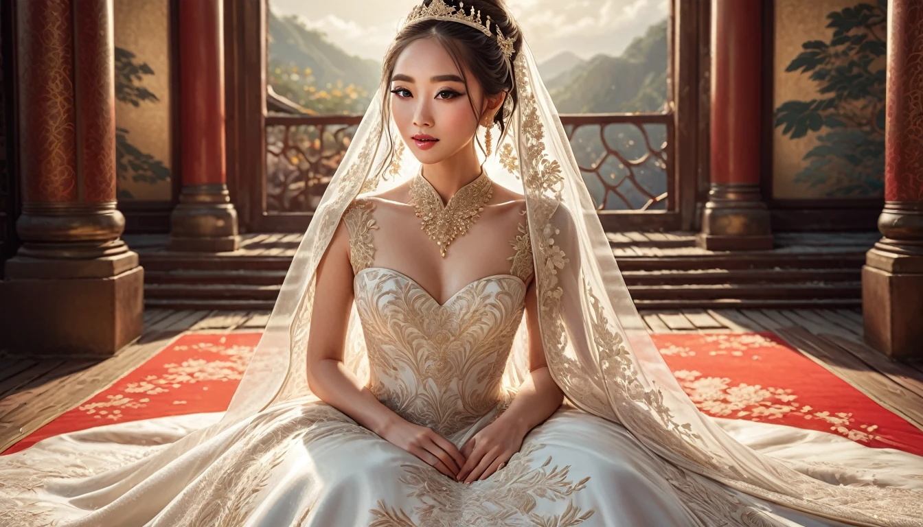A tall Asian bride, wearing a full white bridal gown, beautiful detailed eyes, beautiful detailed lips, extremely detailed face, long eyelashes, elegant pose, intricate embroidery on the dress, shimmering fabric, natural lighting, high quality digital illustration, cinematic lighting, warm color palette, detailed background, fantasy art style, photorealistic, masterpiece, full image head to toe