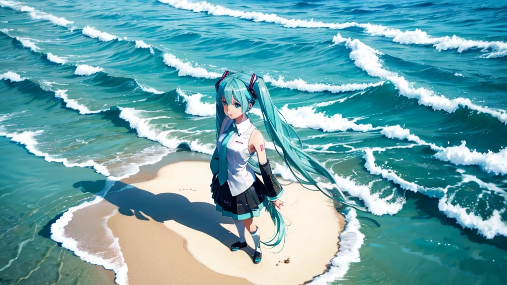 Hatsune Miku standing on a Caribbean beach、An illustration of a person looking into the distance and shedding tears。