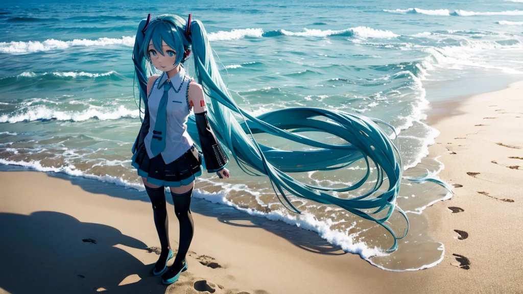 Hatsune Miku standing on a Caribbean beach、An illustration of a person looking into the distance and shedding tears。