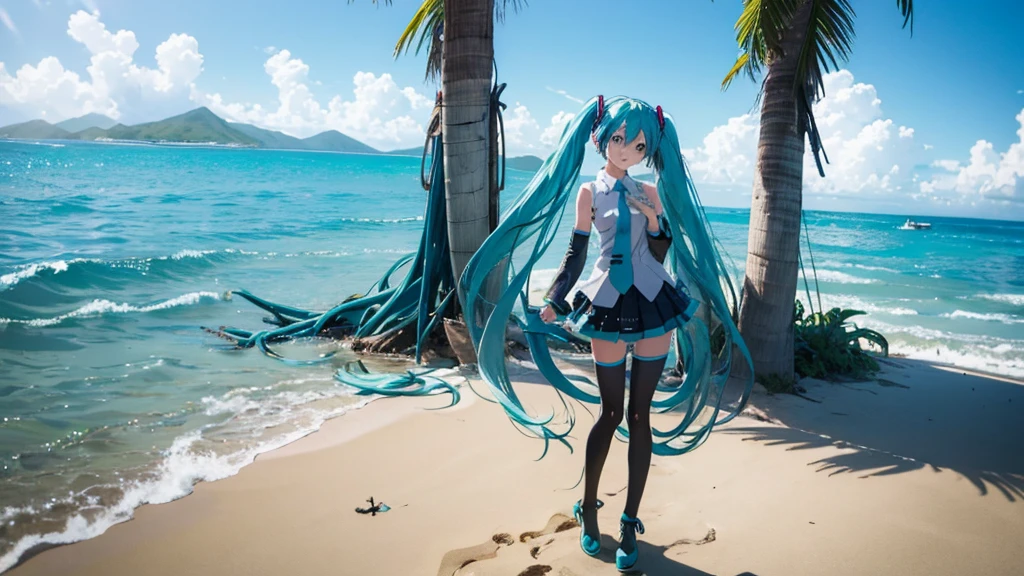 Hatsune Miku standing on a Caribbean beach、An illustration of a person looking into the distance and shedding tears。