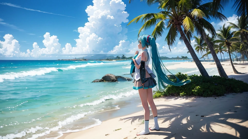 Hatsune Miku standing on a Caribbean beach、An illustration of a person looking into the distance and shedding tears。