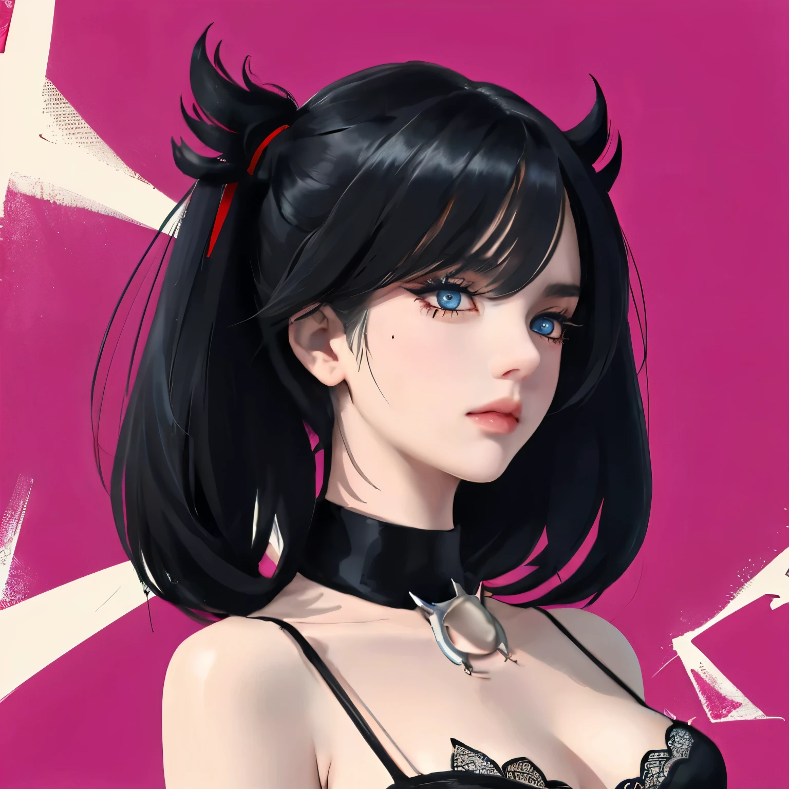 close up of face, head on, score_9, score_8_up, score_7_up, BREAK source_anime, Marnie (pokemon), punk, sucubbus, beautiful eyes, aqua eyes, choker, red ribbon, Side bangs, black hair, Voluminous hair, much hair, pink lingerie, big breasts, (beautiful detailed face, beautiful detailed eyes), High contrast, (best illumination, an extremely delicate and beautiful), ((caustic, sexy, charming, seductive)), british woman, arms down, Adult, 26 years, russian woman, adult woman, London background, breast focus, breasts, nipples, 26 years.