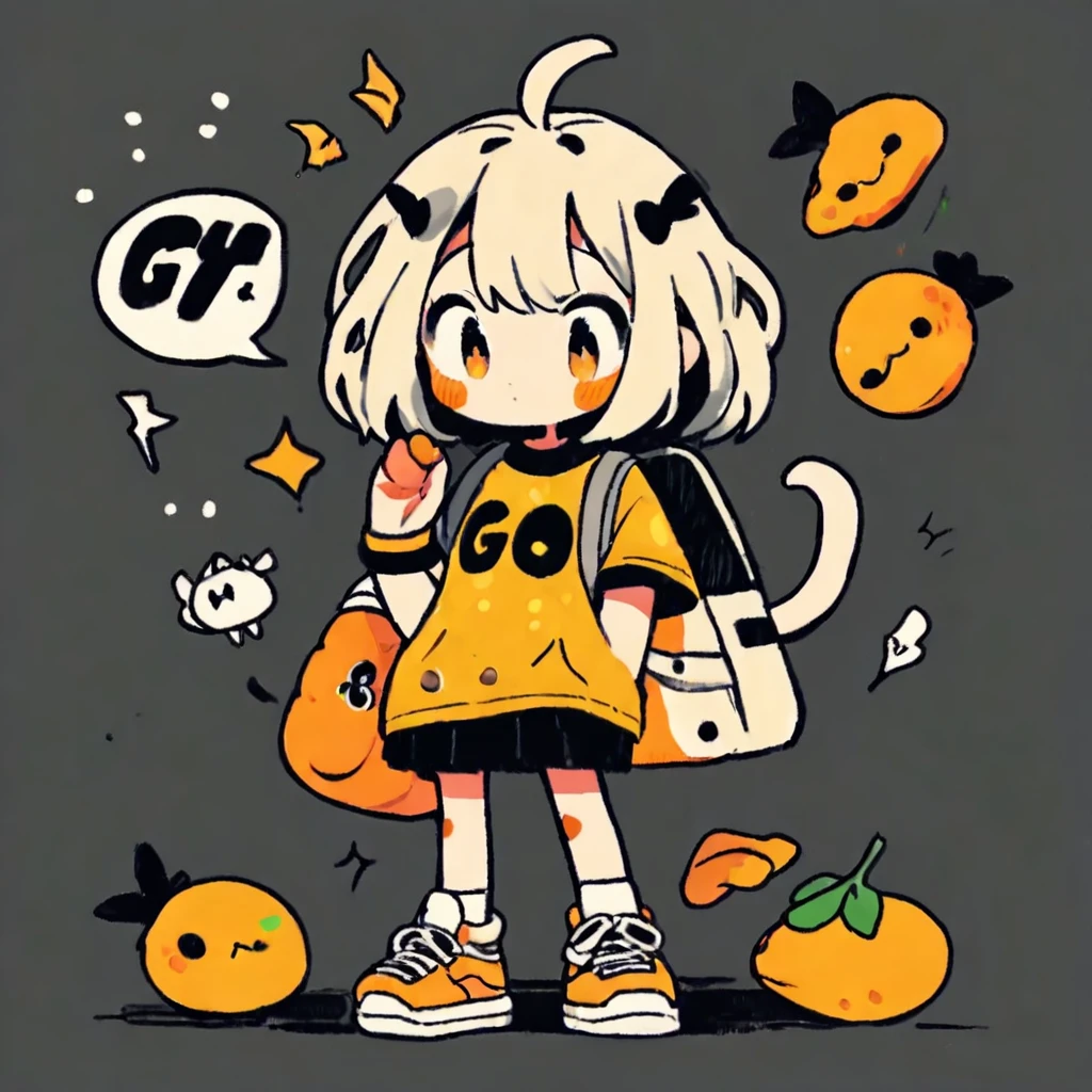 cute tiny creature made of mango , scared , fearful gesture , wearing modern clothes , on black background