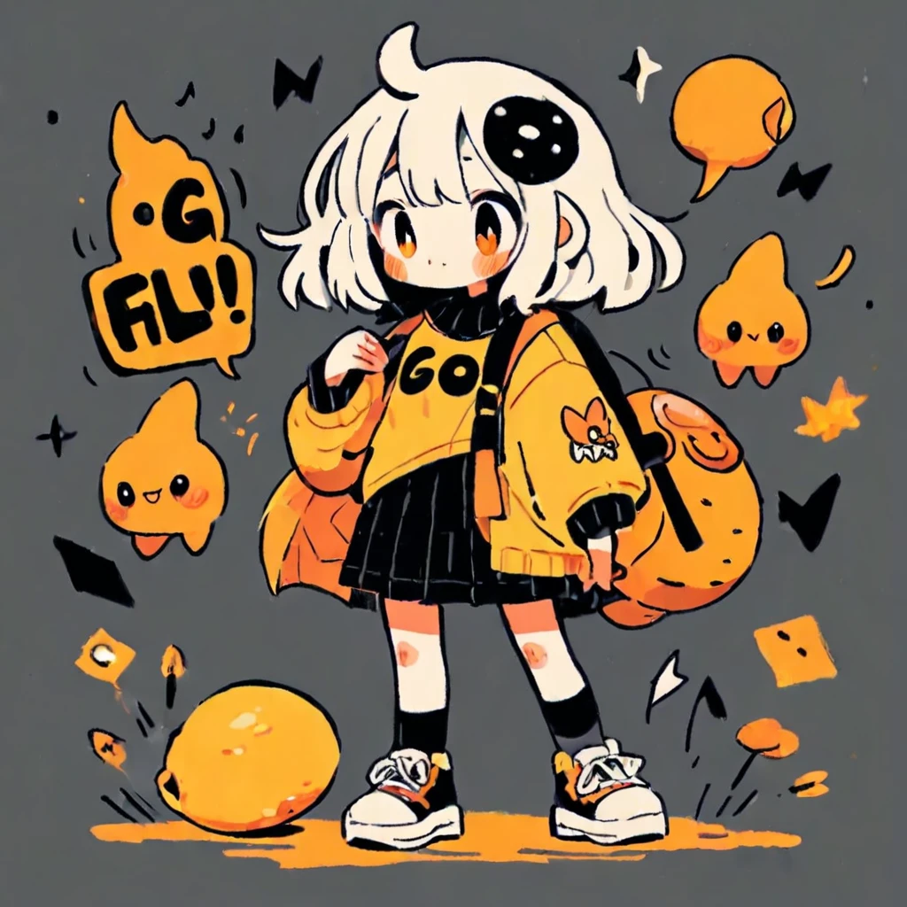 cute tiny creature made of mango , scared , fearful gesture , wearing modern clothes , on black background