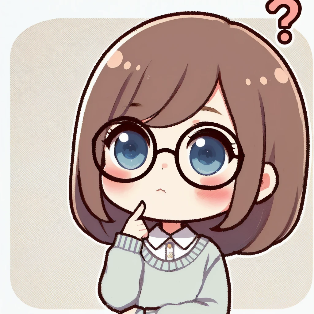 anime girl Wearing glasses and a question mark on her face, !!Wearing glassesいる!!, Anime Moe Art Style, Wearing glasses, pretty girl, Cute expression, Cute anime face, Chibi Girl, 丸いWearing glassesいる, Short hair, girl Wearing glasses, Cute art style, Cute anime style, 小さな丸いWearing glassesいる, Cartoon style cute, Cute realistic portrait, Cute Anime Girl