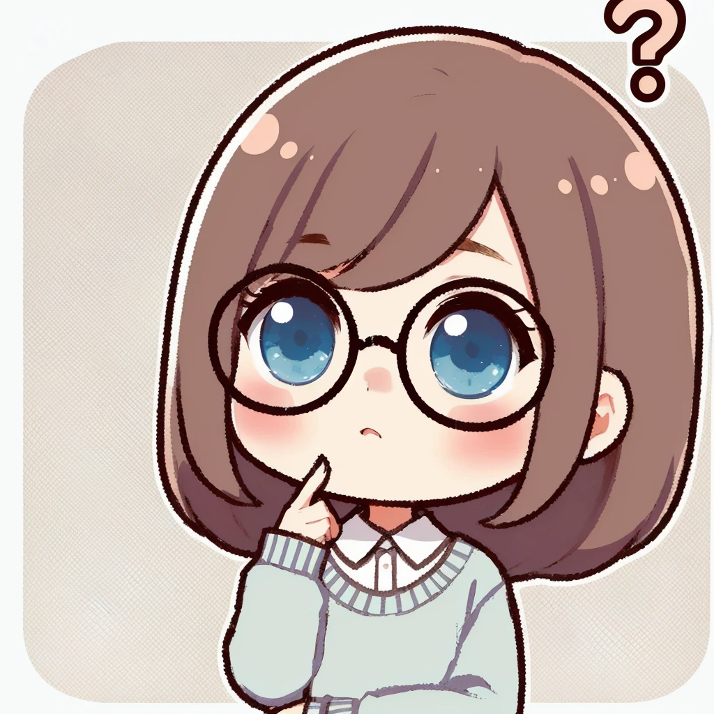 anime girl Wearing glasses and a question mark on her face, !!Wearing glassesいる!!, Anime Moe Art Style, Wearing glasses, pretty girl, Cute expression, Cute anime face, Chibi Girl, 丸いWearing glassesいる, Short hair, girl Wearing glasses, Cute art style, Cute anime style, 小さな丸いWearing glassesいる, Cartoon style cute, Cute realistic portrait, Cute Anime Girl