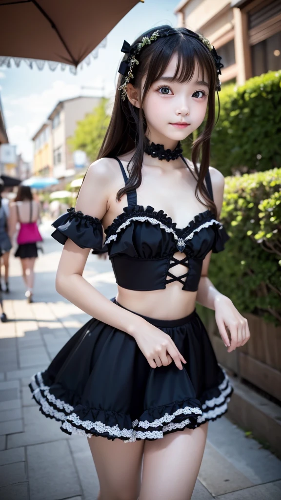 1girl, , Famous idol, 1cute girl, very young face, masterpiece, high quality, small face, (very small tits:1.8)Gothic lolita girl,imwear style:1.8, dramatic angle:1.4, Stroll around town,half smile:0.5,