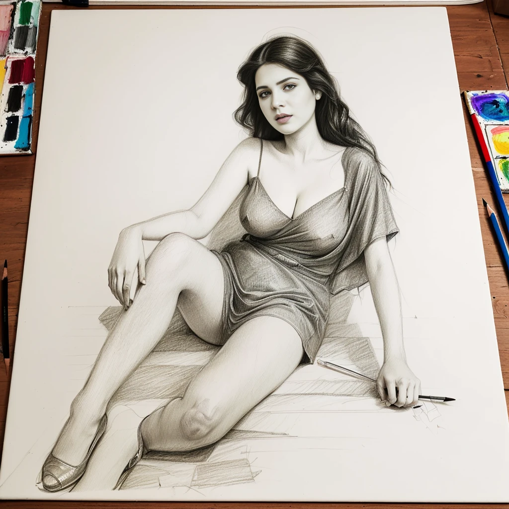 (only the pencil sketch of a (((art))) of woman (on canvas)), Indian attire, full body, ((downblouse:1.4)), front leaning, (pencil drawing), ((old style)), ((hanging on the wall)), living room, analog photo, (polaroid), art, painting, draw, (((sketch))), messy room