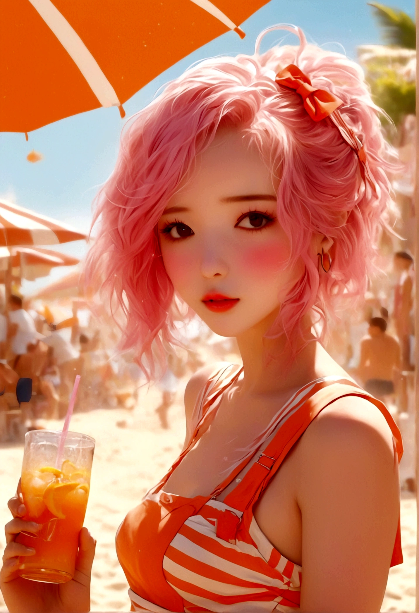 At the beachfront drink shop，Pink Hair Girl，Wearing an orange striped suspender skirt，Drinking summer drinks