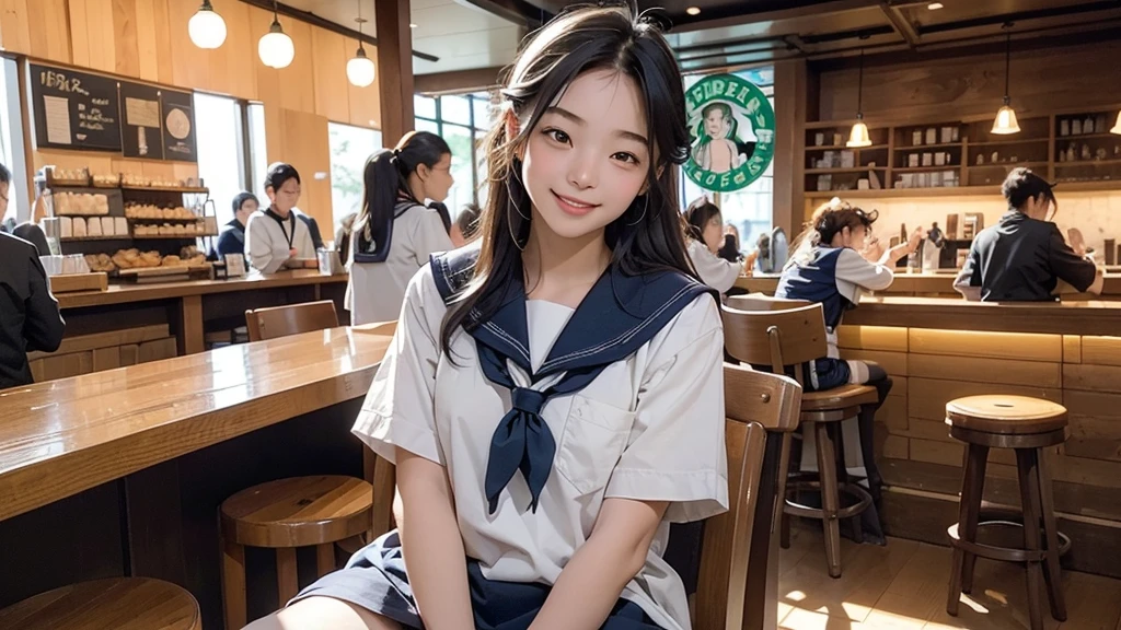 
(((((((Junior high school girl in sailor suit)))))))
(((((お洒落でcuteInside the Starbucks store)))))
8K、RAW Photos、Highest quality、Super detailed、Super Resolution、Ultra HD、8K壁紙、Amazing details



(((((((Inside the Starbucks store)))))))、((((((Sit down and eat cake、Drink Starbucks coffee、smile))))))、((Heart Necklace))




Modern and sleek design：Interior design using natural materials、Many of the designs are warm and made using wood and metal.。
Large windows：自然光をたっぷり取り入れるためのLarge windowsがあり、Providing a bright and open space。
Green Interior：Potted plants are effectively placed、It creates a relaxing atmosphere。
artwork：Works by local artists、Starbucks-related art on display。
Cozy seating：Cushioned chairs and sofas、Bar sheet etc.、A variety of seating options available。
Open kitchen area：Being able to see how drinks and food are made、We provide peace of mind and transparency。
Unique lighting：Antique lamps and chandeliers、Modern lighting fixtures are used。
Comfortable background music：Relaxing music is playing、A comfortable space is provided。
Wide々Table space：一人でもグループでも使いやすいWide々There is a table with。
Community Table：There is a large table where you can socialize with other customers.。
Seasonal decorations：The decorations are themed according to the season.。
Design with a local feel：The design incorporates the local culture and characteristics.。
Fragrance production：コーヒーの香りが店内にWideがり、A space that satisfies the five senses has been created.。
Conversation with a barista：フレンドリーなConversation with a baristaが楽しめるカウンターエリアがあります。




8K、RAW Photos、Highest quality、masterpiece:1.2、Super detailed、Super Resolution、Ultra HD、8K壁紙、Amazing details、Photorealistic:1.4、Having fun by the water、Full Body Shot、Full body photo、High-resolution RAW color photos、Professional photos、A scene full of emotion、Very detailed and beautiful、Ultra HD、8K壁紙、Amazing details、Huge file sizes、Highly detailed beautiful girls、Highly detailed face Highly detailed eyes、Extremely realistic skin、 Highly detailed fingers, Highly detailed nose, Highly detailed mouth, Perfect Anatomy, Highly detailed background, Highly detailed clothing, , cute女の子, Famous Japanese Idols, cute, Realistic body, Slender, White skin, Glowing Skin, Slim body, Realistic Face, Delicate eyes, double eyelid, 


