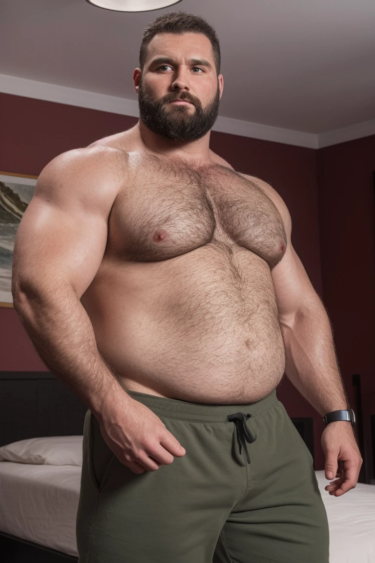 8K HDR Very Extremely Realistic Very Detailed High Quality 8K HDR Very Realistic 46 year old daddy rugged beefy big thick chubby bodybuilder muscle bears man, 8KHDR very realistic beared big daddy muscle bear, and 8KHDR very realistic detailed rugged burly man in shorts, 8KHDR very realistic hair, 8KHDR very realistic beards, 8KHDR very realistic thick chubby fat neck, 8KHDR very realistic neck lines, 8KHDR very realistic detailed neck, 8KHDR very realistic burly chest, 8KHDR very realistic detailed hairy burly chest and arms, 8KHDR very realistic detailed hairy burly chest and arms, 8KHDR very realistic burly muscle bear body, 8KHDR very realistic nipples, 8KHDR very realistic burly muscle bear body, 8KHDR very realistic face, 8KHDR very realistic detailed face, 8KHDR very realistic eyes, 8KHDR very realistic detailed eyes, 8KHDR very realistic pupils, 8KHDR very realistic detailed pupils, 8KHDR very realistic head, 8KHDR very realistic waist, 8KHDR very realistic facial features, 8KHDR very realistic burly arms, 8KHDR very realistic elbows, 8KHDR very realistic hands, 8KHDR very realistic pecs, 8KHDR very realistic belly, 8KHDR very realistic human man body, 8K HDR very realistic bellybutton, 8KHDR very realistic wrists, 8KHDR very realistic fingers, 8KHDR very realistic fingernails, 8KHDR very realistic shoulders, 8KHDR very realistic mouth, 8KHDR very realistic lips, 8KHDR very realistic mens clothing, 8KHDR very realistic detailed mens clothing. 8KHDR Very Realistic Hairy Bearded Burly Muscle bear Photoshoot, 8KHDR Very Realistic Ultra-detailed, 8KHDR very realistic detailed bedroom surroundings, 8KHDR very realistic surroundings lighting, No Deformities, An ultra-realistic photograph captured with a Sony α7 III camera, equipped with an 85mm lens in F 1.2 aperture, The cutting-edge Midjourney v5, ( best quality, highres, realistic:1.37), Super real detailed skin, Ultra-detailed, Photorealistic 1.4, hyper photorealism, 8K HDR Clear HDR Quality,