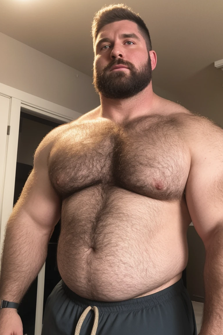 8K HDR Very Extremely Realistic Very Detailed High Quality 8K HDR Very Realistic 46 year old daddy rugged beefy big thick chubby bodybuilder muscle bears man, 8KHDR very realistic beared big daddy muscle bear, and 8KHDR very realistic detailed rugged burly man in shorts, 8KHDR very realistic hair, 8KHDR very realistic beards, 8KHDR very realistic thick chubby fat neck, 8KHDR very realistic neck lines, 8KHDR very realistic detailed neck, 8KHDR very realistic burly chest, 8KHDR very realistic detailed hairy burly chest and arms, 8KHDR very realistic detailed hairy burly chest and arms, 8KHDR very realistic burly muscle bear body, 8KHDR very realistic nipples, 8KHDR very realistic burly muscle bear body, 8KHDR very realistic face, 8KHDR very realistic detailed face, 8KHDR very realistic eyes, 8KHDR very realistic detailed eyes, 8KHDR very realistic pupils, 8KHDR very realistic detailed pupils, 8KHDR very realistic head, 8KHDR very realistic waist, 8KHDR very realistic facial features, 8KHDR very realistic burly arms, 8KHDR very realistic elbows, 8KHDR very realistic hands, 8KHDR very realistic pecs, 8KHDR very realistic belly, 8KHDR very realistic human man body, 8K HDR very realistic bellybutton, 8KHDR very realistic wrists, 8KHDR very realistic fingers, 8KHDR very realistic fingernails, 8KHDR very realistic shoulders, 8KHDR very realistic mouth, 8KHDR very realistic lips, 8KHDR very realistic mens clothing, 8KHDR very realistic detailed mens clothing. 8KHDR Very Realistic Hairy Bearded Burly Muscle bear Photoshoot, 8KHDR Very Realistic Ultra-detailed, 8KHDR very realistic detailed bedroom surroundings, 8KHDR very realistic surroundings lighting, No Deformities, An ultra-realistic photograph captured with a Sony α7 III camera, equipped with an 85mm lens in F 1.2 aperture, The cutting-edge Midjourney v5, ( best quality, highres, realistic:1.37), Super real detailed skin, Ultra-detailed, Photorealistic 1.4, hyper photorealism, 8K HDR Clear HDR Quality,