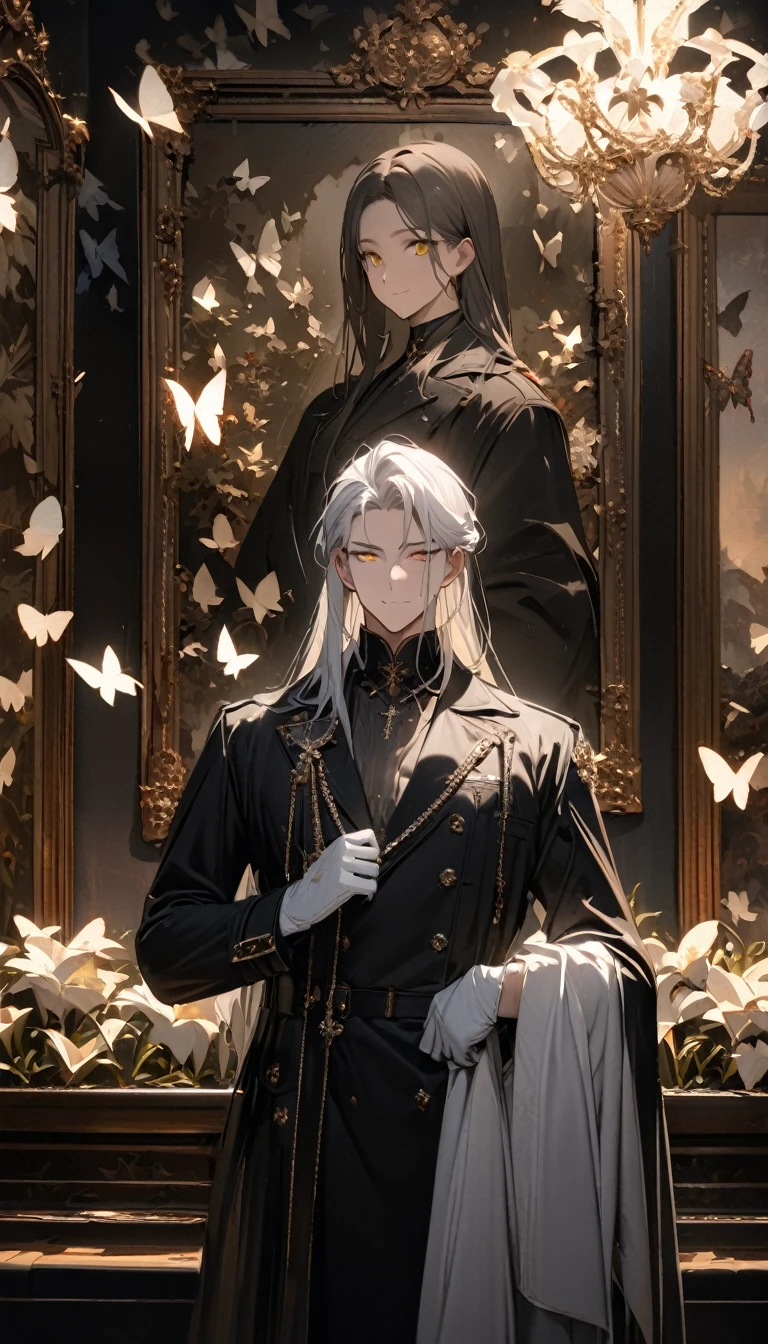 (masterpiece:1.5),best quality,(1 Handsome man),alone,white long length hair,(yellow eyes), (A soft smile),elegant,perfect face,Long black trench coat,white and blue cloth,white leather gloves,white lining,Slightly muscular body,High,8K,Beautiful contrast of light and shadow,Dark luxury background,(complete upper body),Positive face,luxury screen,Standing in front of the historical oil painting,Exquisite picture frame,((many butterflies)),(Museum),Museum,many flowers,(cross jewelry)