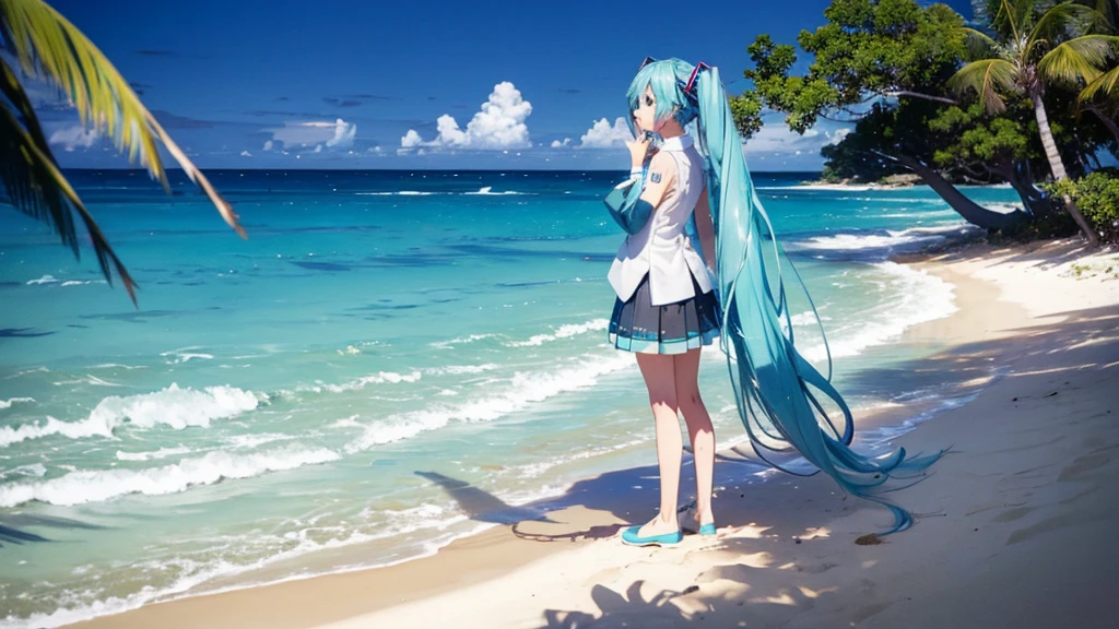 Hatsune Miku standing on a Caribbean beach、An illustration of a person looking into the distance and shedding tears。