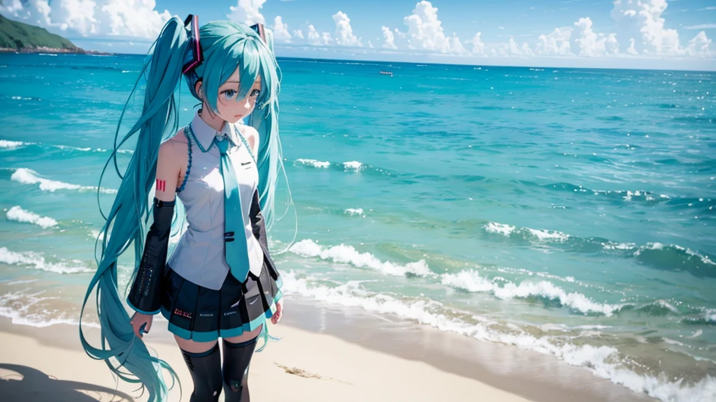 Hatsune Miku standing on a Caribbean beach、An illustration of a person looking into the distance and shedding tears。