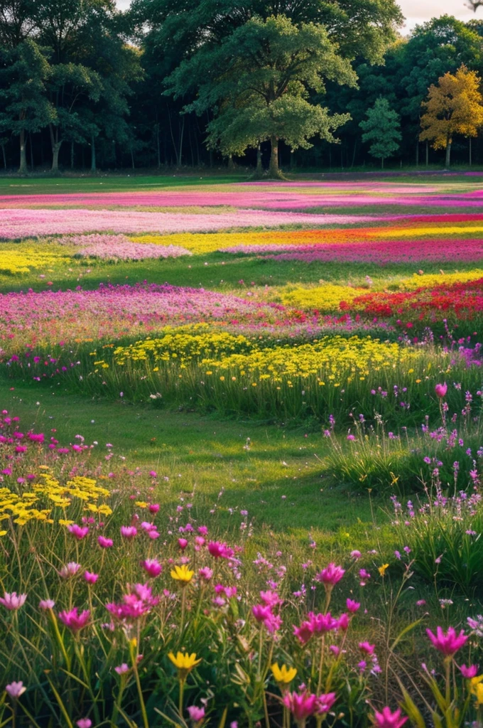 A grass field full of beautiful colour full glowing floweres and lightflys