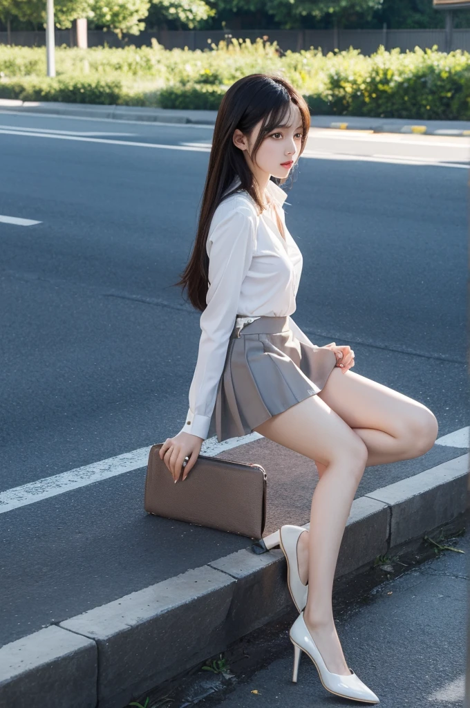 ((best quality)), ((masterpiece)), (detailed), 1 girl, Song Huiqiao,Miniskirt standing on the roadside(spread legs:1.4)
