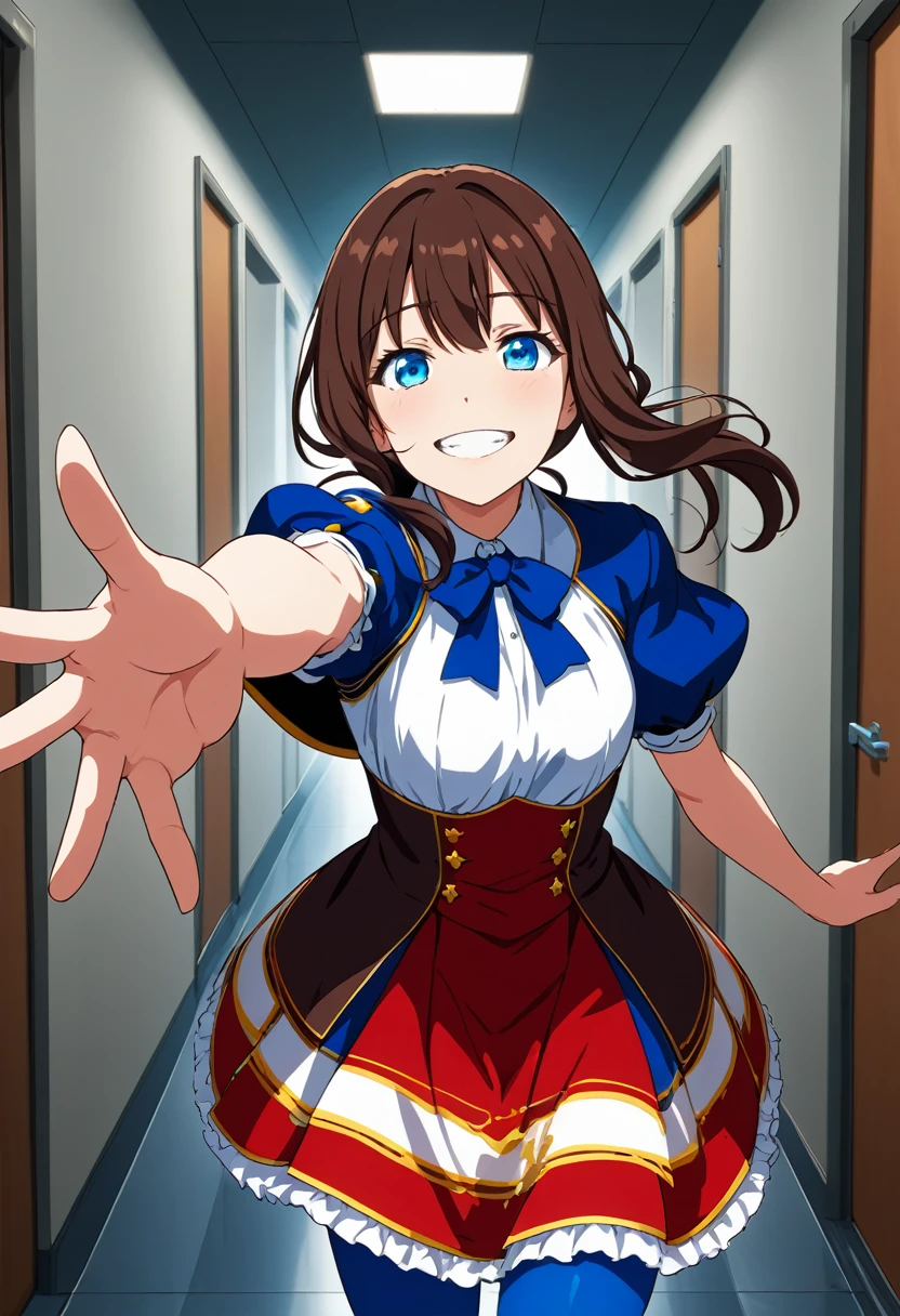 One girl, blue eyes, Long Hair, Brown Hair, Side Lock, Low Ponytail, ribbon, dress, White shirt, Puffy sleeves, Short sleeve, Red Skirt, Cape, Blue Pantyhose, running, Reaching out towards the viewer, close your eyes, smile, Open Mount, indoor, corridor, close-superior score_9, score_8_superior, score_7_superior, score_6_superior, score_5_superior, score_4_superior, Break Source_anime, masterpiece