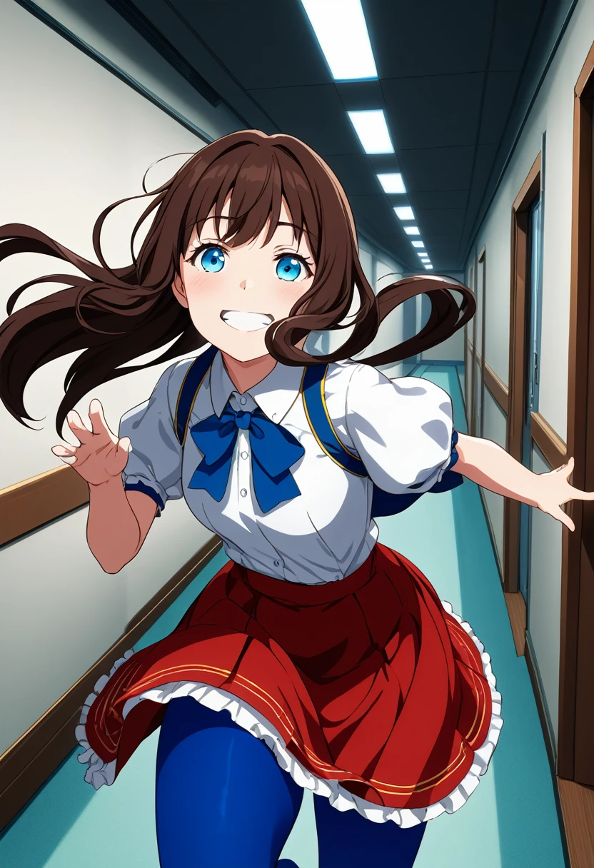 One girl, blue eyes, Long Hair, Brown Hair, Side Lock, Low Ponytail, ribbon, dress, White shirt, Puffy sleeves, Short sleeve, Red Skirt, Cape, Blue Pantyhose, running, Reaching out towards the viewer, close your eyes, smile, Open Mount, indoor, corridor, close-superior score_9, score_8_superior, score_7_superior, score_6_superior, score_5_superior, score_4_superior, Break Source_anime, masterpiece