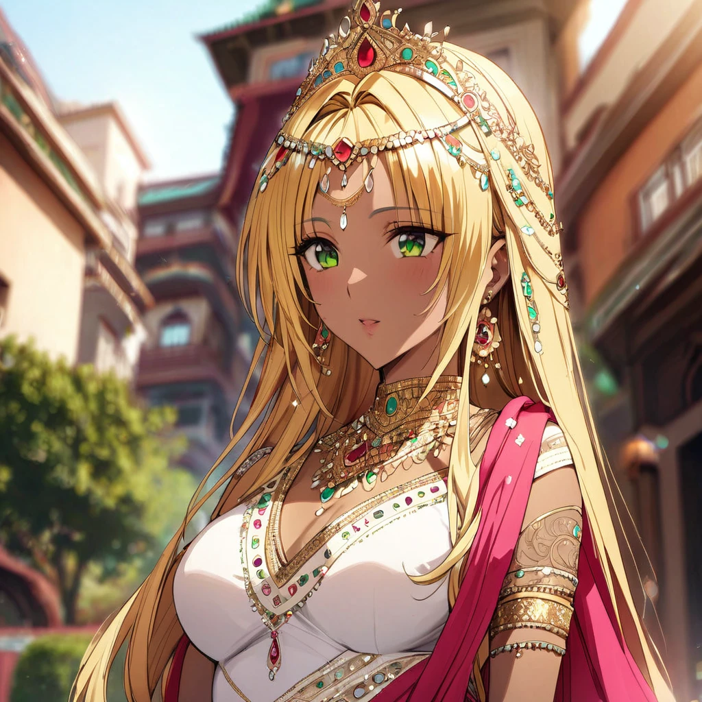 ((Highest quality)), ((masterpiece)), (detailed), (Perfect Face)、The woman is a Hindu Indian Tiara with vivid brown skin and a red bindi on her forehead, and is seen in an Indian city, wearing a gorgeous and glittering traditional Indian wedding dress, a colorful sari, a colorful hijab, a bindi, a gorgeous hair ornament, gorgeous jeweled accessories, and an engagement ring, in a luxurious Indian mansion.、The woman is an elegant Tiara with green eyes and medium-long blonde hair. She is wearing a colorful sari and a colorful hijab. She has bright brown skin and a red bindi on her forehead. She is a Hindu Indian Tiara.、(The woman is a brown-skinned Indian Tiara.)
