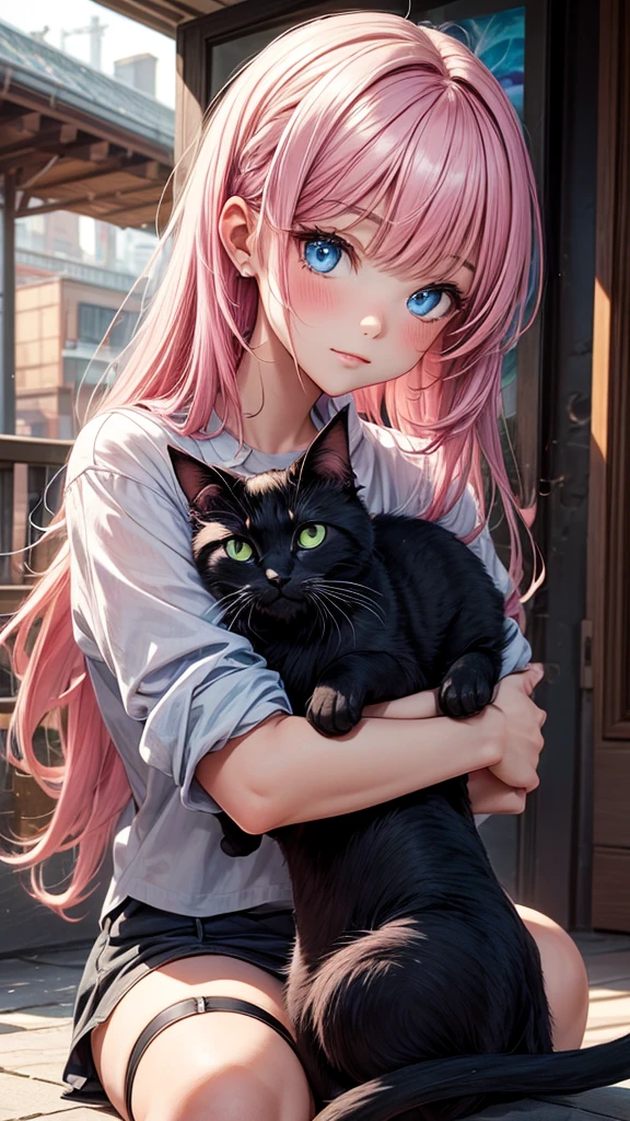 Girl with cat, Black cat, Pink Hair、blue eyes, Avatar