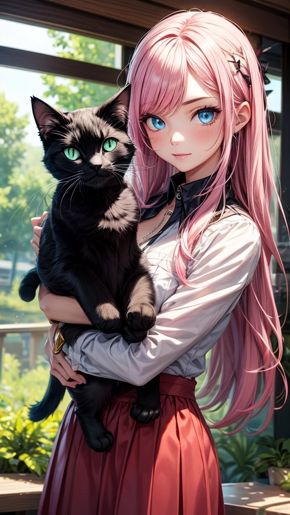 Girl with cat, Black cat, Pink Hair、blue eyes, Avatar