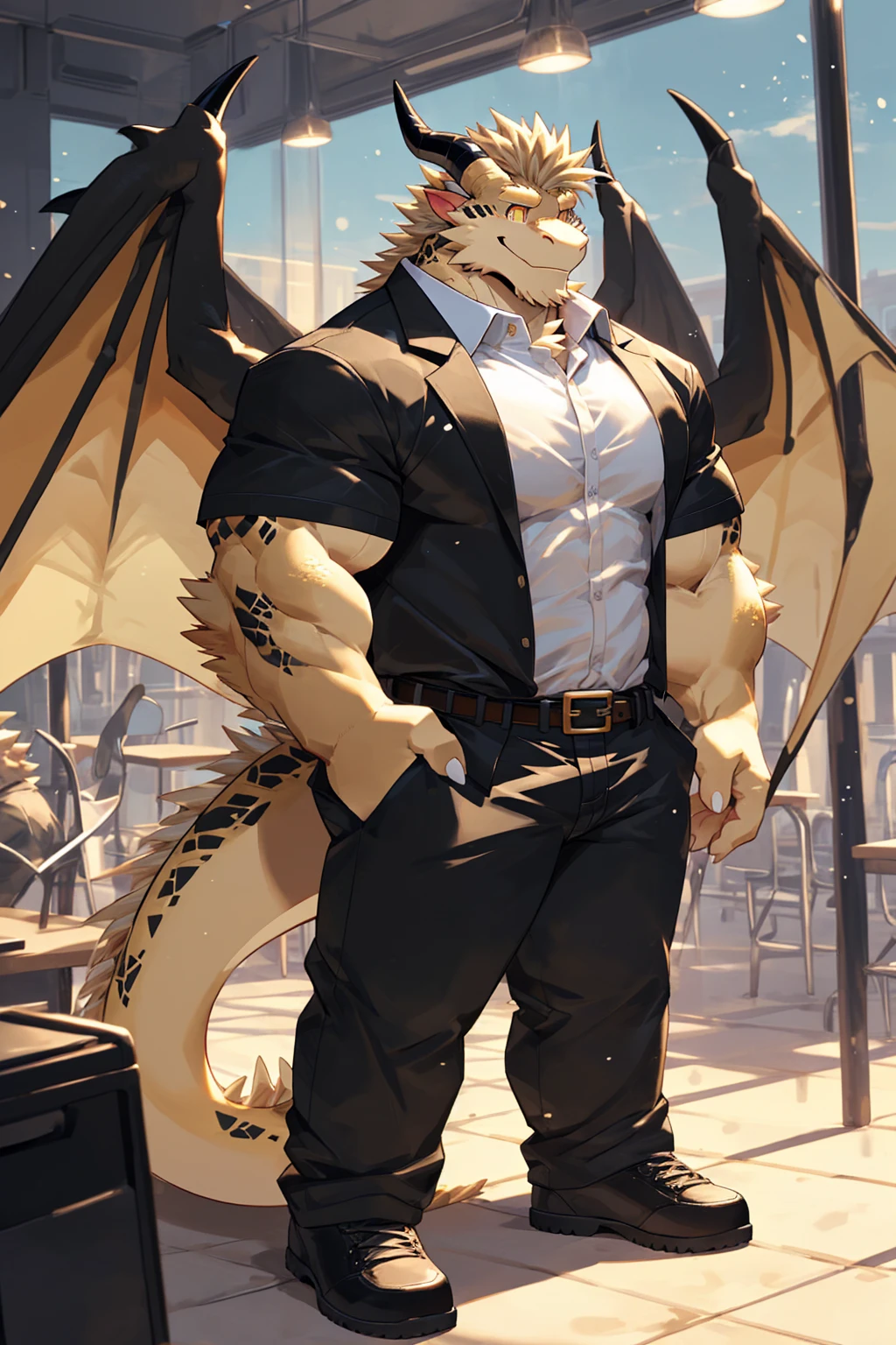 (sfw:1.5), male focus, security guard, Handsome 1boy, solitary，protrait photo, single, (Black eyebrows:1.2), (White nails, White Paws:1.4), (Light blond hair:1.5), (Black and gold dragon wings, Huge black and gold dragon wings:1.3), Black and gold skin, (Black and gold tail:1.4), (Black horn, Black curved corners:1.4), (Black body:1.4), (All black:1.4), (Pale blond chin, Pale golden neck:1.4), Pale golden chest, Light blond chest hair, (perfect golden eyes:1.4), (Black and gold scales:1.3), (Black arms, Black fingers:1.4), (Black forehead:1.4), 
Western Dragon, dragon, dragon boy, dragon body, feet, (big eyes, large eyes:1.4), (Chubby face, The body is huge, Larger face:1.3), 
(Black short sleeve, White short-sleeved shirt, Black pants, Black short shoes, Black leather belt:1.4), 
(full body:1.3), (Mature men:1.4), (Strong body, muscle,Strong male:1.3), (Thick arms:1.3), (Standing:1.4), (Looking at the audience, Focus, Eyes gaze:1.2), (Smile:1.4), 
full background,ground, Blue sky, White Cloud, ground, School, School大门, security guard亭,
, Mysterious and romantic atmosphere, Caustic lines(refraction, polarization)Perfect anatomical structure, absurd, Detailed background, (Delicate eyes:1.3),Printing style。((artist:Takemoto Arashi))