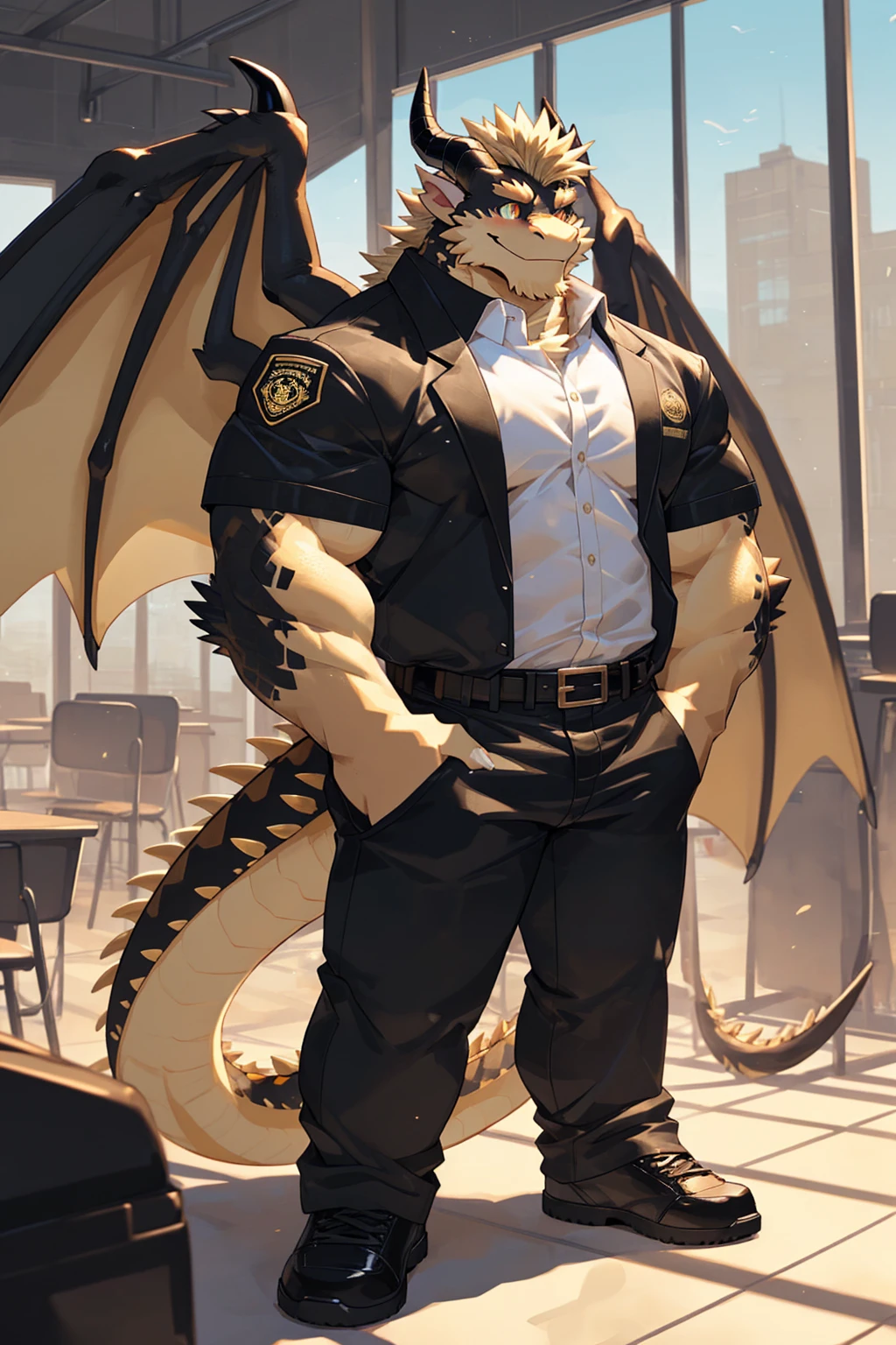 (sfw:1.5), male focus, security guard, Handsome 1boy, solitary，protrait photo, single, (Black eyebrows:1.2), (White nails, White Paws:1.4), (Light blond hair:1.5), (Black and gold dragon wings, Huge black and gold dragon wings:1.3), Black and gold skin, (Black and gold tail:1.4), (Black horn, Black curved corners:1.4), (Black body:1.4), (All black:1.4), (Pale blond chin, Pale golden neck:1.4), Pale golden chest, Light blond chest hair, (perfect golden eyes:1.4), (Black and gold scales:1.3), (Black arms, Black fingers:1.4), (Black forehead:1.4), 
Western Dragon, dragon, dragon boy, dragon body, feet, (big eyes, large eyes:1.4), (Chubby face, The body is huge, Larger face:1.3), 
(Black short sleeve, White short-sleeved shirt, Black pants, Black short shoes, Black leather belt:1.4), 
(full body:1.3), (Mature men:1.4), (Strong body, muscle,Strong male:1.3), (Thick arms:1.3), (Standing:1.4), (Looking at the audience, Focus, Eyes gaze:1.2), (Smile:1.4), 
full background,ground, Blue sky, White Cloud, ground, School, School大门, security guard亭,
, Mysterious and romantic atmosphere, Caustic lines(refraction, polarization)Perfect anatomical structure, absurd, Detailed background, (Delicate eyes:1.3),Printing style。((artist:Takemoto Arashi))